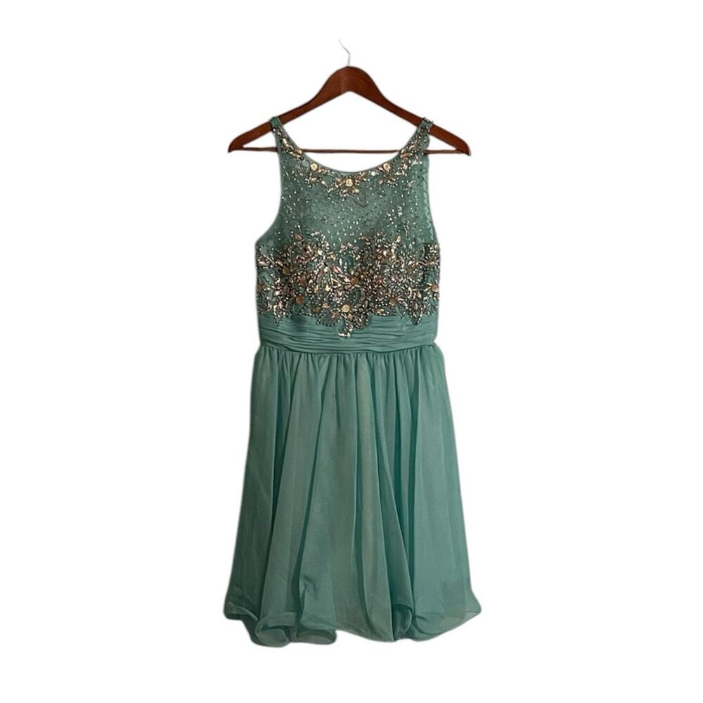 Dancing Queen Light Blue Bejeweled Formal Mini Dress Size M Shear Sparkle